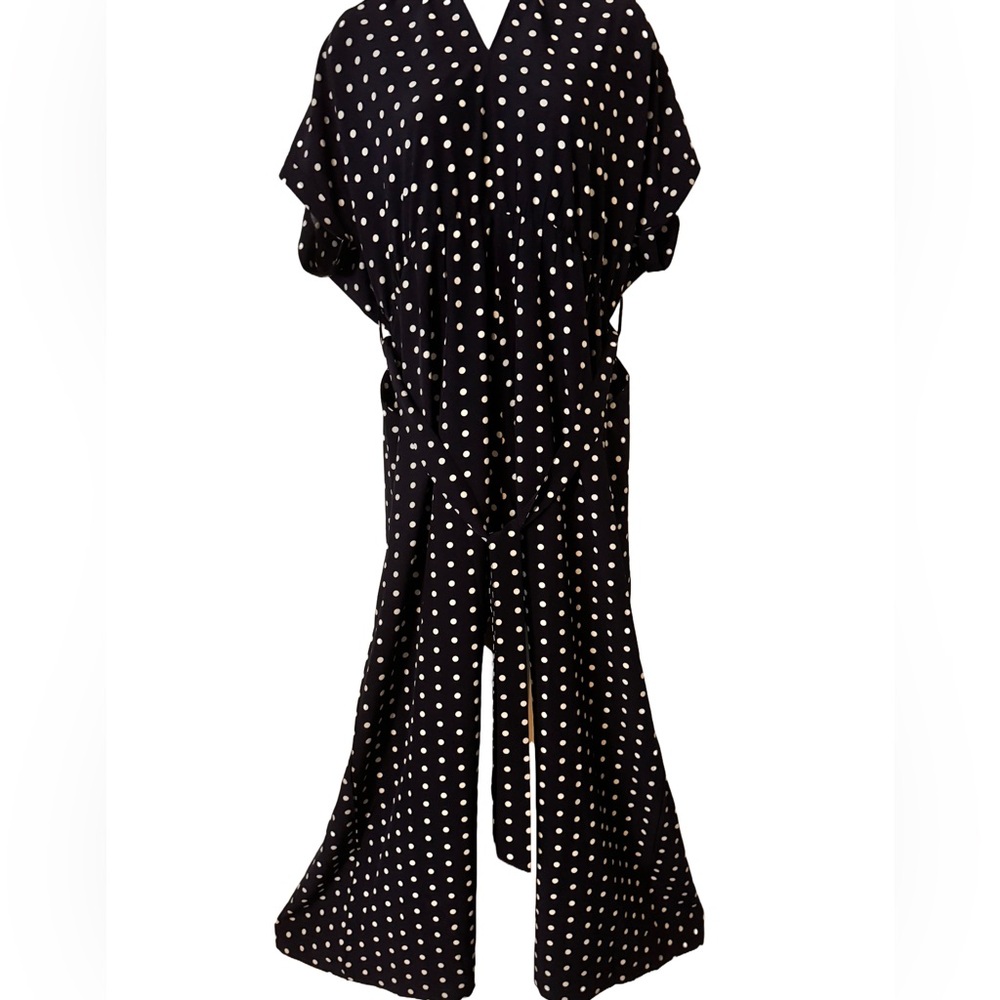Polka Dot Bell Bottom Jumpsuit w/2 Deep Pockets, 77” Fabric Belt and Halter Neck